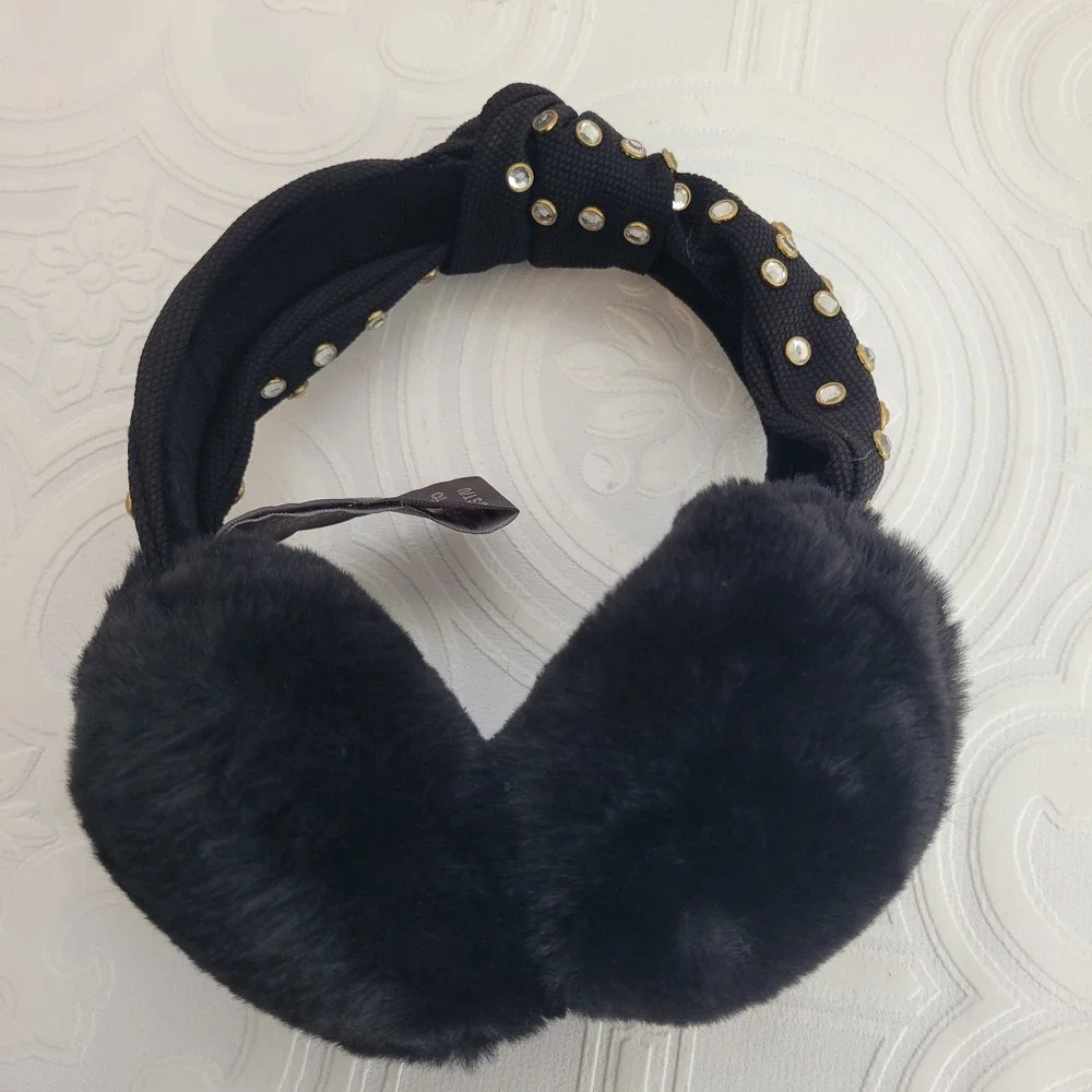 Vince Camuto Earmuffs Black Embellished Studded‎ Knot Faux Fur One Size Cozy